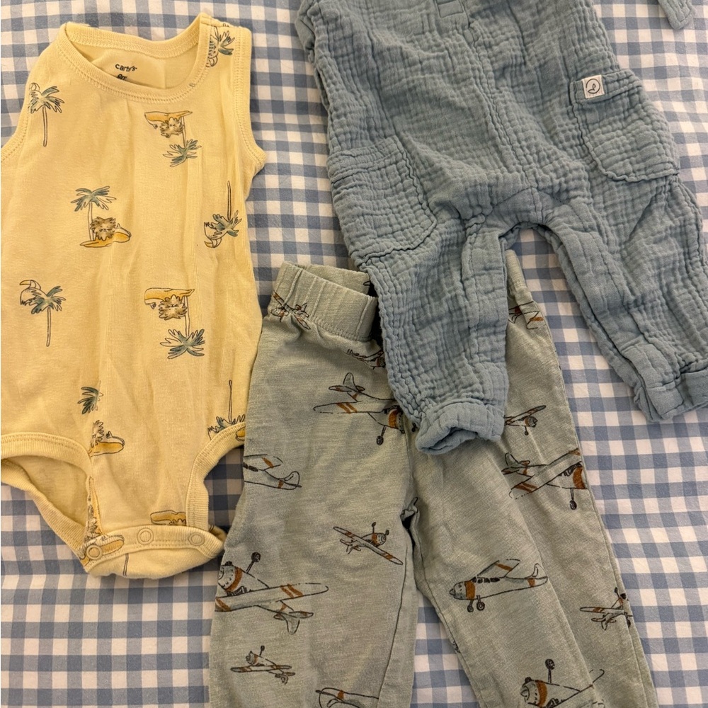 Carter's Yellow Sleeveless Bodysuit with Blue Airplane Sketches